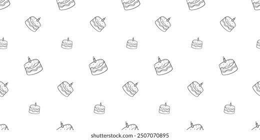Seamless pattern with birthday cake with one lit candle hand drawn doodle outline vector