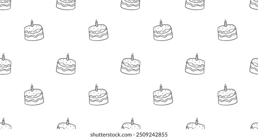 Seamless pattern with birthday cake with one lit candle hand drawn doodle outline vector