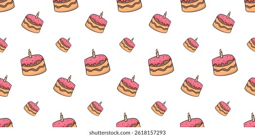Seamless pattern with birthday cake with one lit candle doodle vector