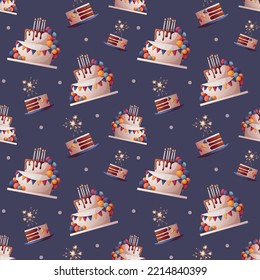 Seamless pattern with Birthday cake. Birthday party, celebration, holiday, event, festive concept.Vector illustration. Perfect for product design, wallpaper, wrapping paper.