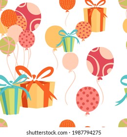 Seamless pattern of birthday cake striped candles and air balloons birthday celebration vector illustration on white background