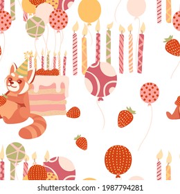 Seamless pattern of birthday cake striped candles and air balloons birthday celebration vector illustration on white background