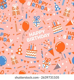 Seamless pattern with birthday cakes, balloons, party hats, candles, confetti, and gift boxes on pink background with repeated “Happy Birthday” text.
