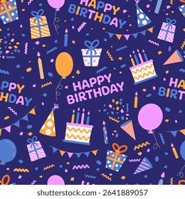 Seamless pattern with birthday cakes, balloons, candles, confetti, gifts, party hats and “Happy Birthday” text on dark blue background. 
