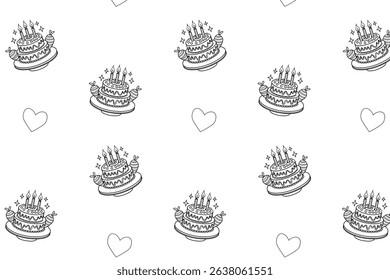 A seamless pattern of birthday cakes with candles and hearts. The cakes are illustrated in a simple, monochrome style, suitable for festive designs.