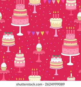Seamless pattern with birthday cakes and cupcakes on a red background. Vector graphics.