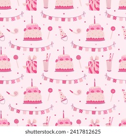 Seamless pattern with birthday cakes, garlands, hats, drinks, whistles, presents and lollipops. Hand drawn flat vector illustration on pink background. Great for celebration, party and birthday themes