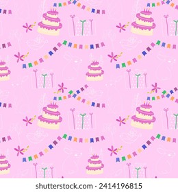 Seamless pattern with birthday cakes and gifts on pink background. Vector illustration, hand drawn