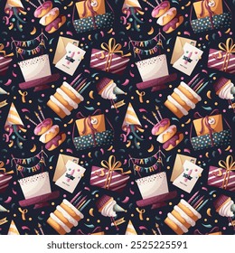 Seamless pattern with Birthday cakes, gifts, party hat, donuts, cupcake. Birthday party, celebration, congratulations, invitation concept. Vector illustration.