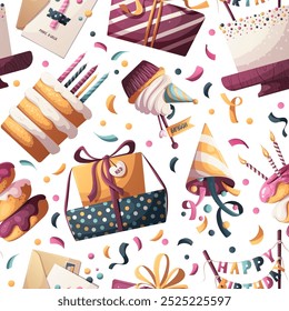 Seamless pattern with Birthday cakes, gifts, party hat, donuts, cupcake. Birthday party, celebration, congratulations, invitation concept. Vector illustration.