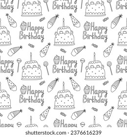 Seamless pattern with birthday cakes, hats and lollipops. Doodle hand drawn vector illustration on white background black outline.