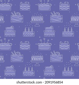 Seamless pattern with birthday cakes on lilac background. Modern design for fabric and paper, surface textures.