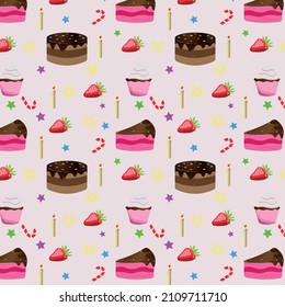 Nahtloses Muster zum Geburtstag mit Kuchen, Gebäck, Erdbeeren, Sternen, Kerzen