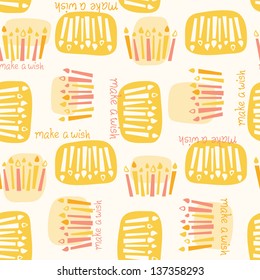 Seamless pattern of birthday candles with the phrase "make a wish." Colors can be easily changed in vector file.