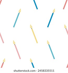 Patrón sin fisuras con velas de cumpleaños. Ilustración vectorial en estilo de dibujos animados. Para la tarjeta, carteles, Anuncios, impresión en el paquete, impresión en la ropa, tela, Fondo de pantalla.