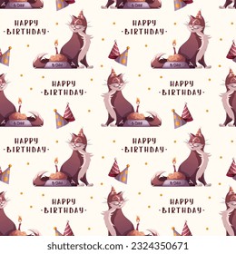 Patrón sin foco con gato de cumpleaños y un bol de comida de gato y vela. Mascota, gatito, concepto de celebración de cumpleaños. Ilustración vectorial.