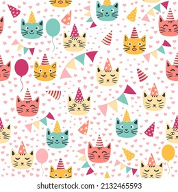 seamless pattern of birthday celebration elements - balloons, gifts, flag, cake, cute cat in hat. Greeting birthday card template. Color garland flags, cute cat in crown and confetti