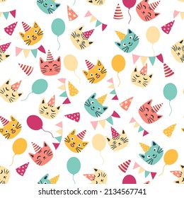 seamless pattern of birthday celebration elements - balloons, gifts, flag, cake, cute cat in hat. Greeting birthday card template. Color garland flags, cute cat in crown and confetti