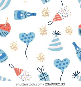 Seamless Pattern with Birthday Celebration Items. Colorful Balloons, Festive Party Hats, Champagne, Confetti, Gifts or Sparkles. Tile Background, Wallpaper. Wrapping Paper. Cartoon Vector Illustration