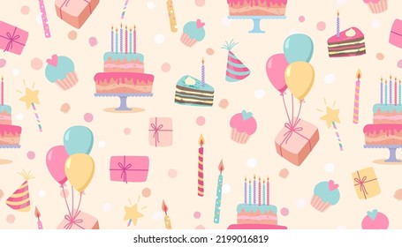 Seamless pattern with birthday colorful candles, cakes, gift boxes. Cartoon illustration