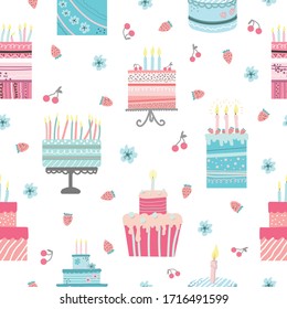 Seamless pattern with Birthday cream cakes with burning candles. Hand drawn doodle style vector illustration