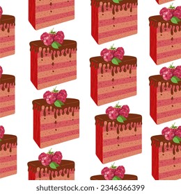 Seamless pattern with Birthday cream cakes with raspberries. Hand drawn vector illustration