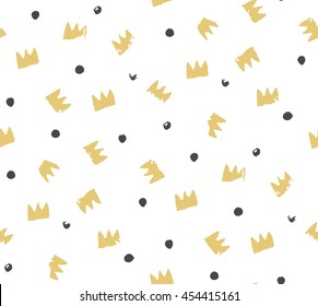 Seamless pattern for a birthday. Crown and points made by hand. The pattern can be invitation, cloth, clothes, wrapping paper.