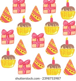 seamless pattern birthday cupcake with candle festive cap gift background cover for print postcard textile banner