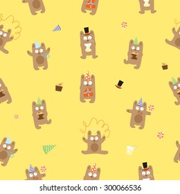 Seamless pattern to birthday with cute cartoon bears on a yellow background.