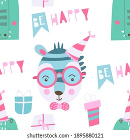 Patrón sin foco para el diseño de cumpleaños con animales lindos - cebra, cocodrilo. Dejar ser feliz. Ilustración vectorial para el embalaje. El patrón se corta, no hay máscara de recorte.