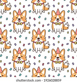 Seamless pattern with Birthday dog of breed Welsh Corgy in hat and confetti. It can be used for packaging, wrapping paper, decor etc. Cartoon vector illustration.