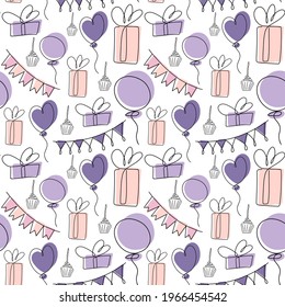 Seamless pattern, birthday doodle sketch. Hand drawn background for a party, holiday for children, festival. Party decorative items