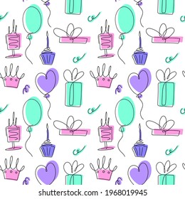 Seamless pattern, birthday doodle sketch. Hand drawn background for a party, holiday for children, festival. Party decorative items