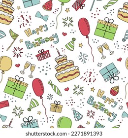 Seamless pattern of birthday elements: cake, candles, presents, confetti, balloons, stars, birthday hats. Doodle style vector image.