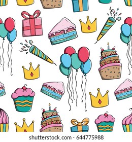 seamless pattern of birthday elements with color and outline