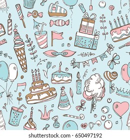 Seamless pattern with Birthday elements and symbols: Birthday cake, balloon, Birthday gift, flowers, sweets, candle, garland, lemonade. Hand drawn vector doodles illustration.