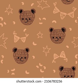seamless pattern with birthday flags, bear. Childish pattern for fabric, wrapping, clothing, textile, wallpaper, pajamas, kids apparel, beddings