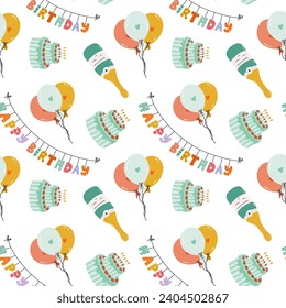 Seamless pattern with birthday garland, cake, balloon, champagne in cute doodle style. Childish design with holiday clipart for wrapping paper, print, fabric, scrapbook. Bright festive background.