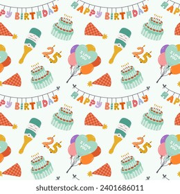 Seamless pattern with birthday garland, party hat, balloon, cake, bottle of champagne in cute doodle style. Childish design with holiday clipart for wrapping paper, print, fabric, scrapbook.