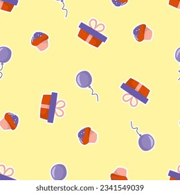 Seamless pattern for birthday. With gift box, balloon and muffin. Sticker style. On a yellow background.