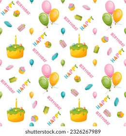 Seamless pattern for birthday. Gifts, cake, balloons