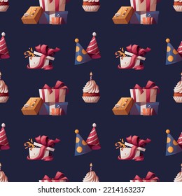 Seamless pattern with Birthday gifts, caps and cupcake. Birthday party, celebration, holiday, event, festive concept.Vector illustration. Perfect for product design, wallpaper, wrapping paper.