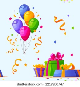 Seamless pattern with Birthday gifts, confetti and bright balloons on light blue background. Celebration, holiday concept. Festive vector illustration in cartoon style.