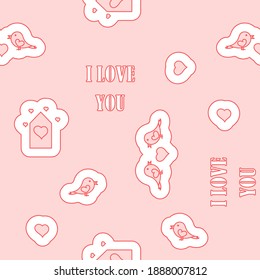 Seamless pattern Birthday, Happy Valentine's Day, Wedding, Mother's Day . Hearts, little birds, a birdhouse