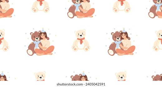 Seamless pattern. Birthday Happy woman hugging teddy bear toy on white background. Vector illustration in flat style. Festive design