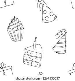 Seamless pattern of birthday illustrations. Vector cartoon background. Hand-drawn style.