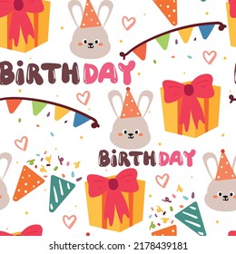 Seamless Pattern Birthday Party With Bunny And Gift. Cute Birthday Wallpaper For Kids, Gift Wrap Paper