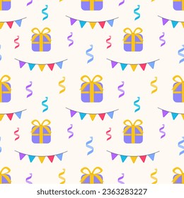 Seamless pattern birthday party in cartoon style isolated on yellow background. Gift, serpentine, flag,  For greeting; party, invitation,  backdrop.