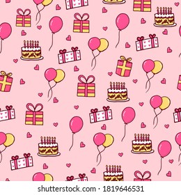 seamless pattern birthday party celebration isolated on pink background. thin black outline hand drawn vector. doodle fun for kids, wallpaper, backdrop, cover, background, wrapping paper and gift.