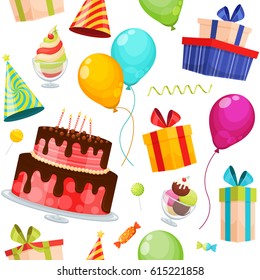 Seamless pattern with birthday party decorative icons set with birthday cake, balloons, gift box, hats, ice cream, donuts and assorted colorful lollipops in modern flat style. Vector illustration